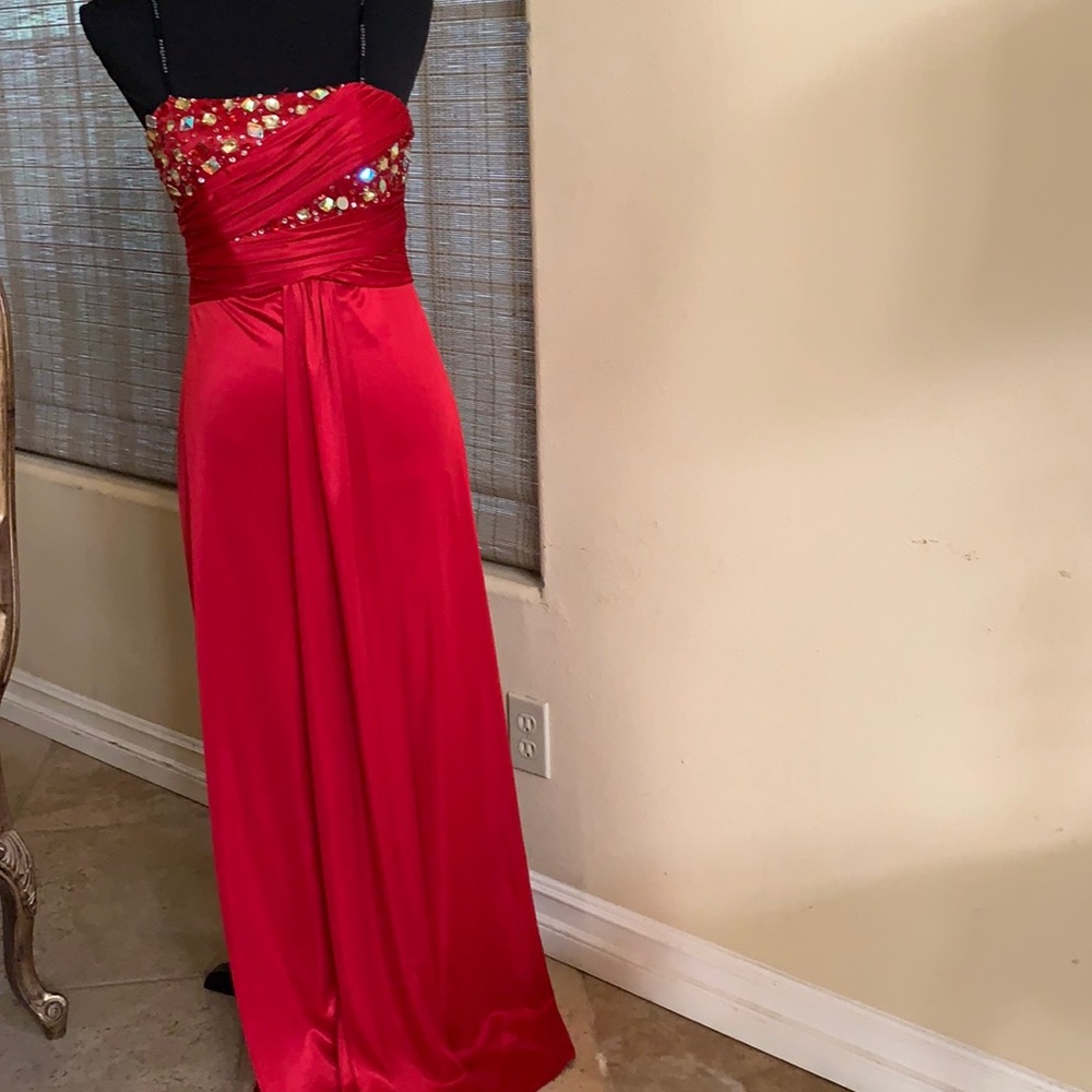 Formal red sateen like silky dress.